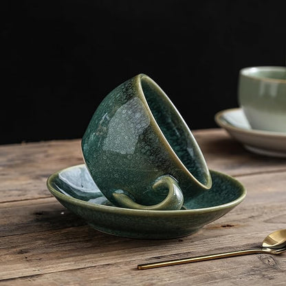 Porcelain Coffee Cup with Saucer Spoon, Vintage Design Ceramic Latte Art Cappuccino Barista Espresso Tea Cup with Saucer (11.6 oz, 350ml, Crystal Green)