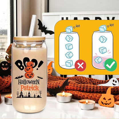 Personalized Halloween Tumbler-Boo Basket Stuffers- Can Shaped Glass with Lids and Straws18OZ -Halloween Gifts for Men Women Kids Son Daughter