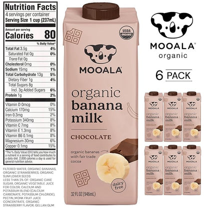 Mooala – Organic Chocolate Bananamilk, 32 fl oz (Pack of 6) – Shelf-Stable, Non-Dairy, Nut-Free, Gluten-Free, Plant-Based Beverage