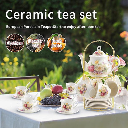 20-Pieces Porcelain Tea Sets For Women, Tea Set For Adult with Golden Metal Rack,Tea Gift Sets for Home&Party(012)