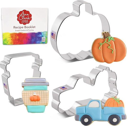 Ann Clark Cookie Cutters Fall Pumpkin Spice Cookie Cutters 3-Pc Set Made in the USA, Pumpkin, Harvest Truck with Pumpkin, Latte Cup
