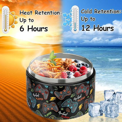 12oz Insulated Vacuum Food Jar with Buckle Lid Wide Mouth Soup Thermo for Hot Food Kids Leakproof Stainless Steel Lunch Container (Black-Game)