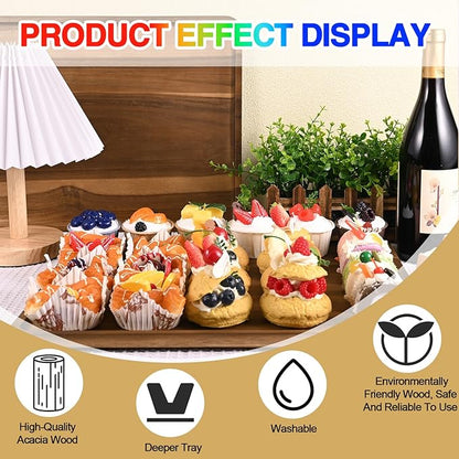 2 Pcs Acacia Wood Serving Tray, Rectangular Wooden Serving Platters Charcuterie Board, Large Wood Kitchen Display Tray for Food, Cookie, Dessert, Fruit, Snack, Vegetable, 16.6" x 12.6" x 0.6"