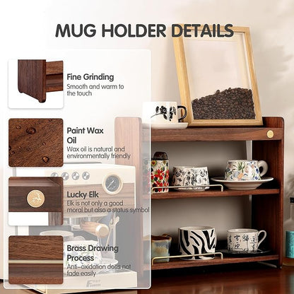 Coffee Mug Holder Wooden Cup Rack Mug Display Shelf Coffee Cup Holder for Countertop With 6 Mug Cups 3 Tier Wood Coffee Mugs Holder for Kitchen Coffee Cup Storage