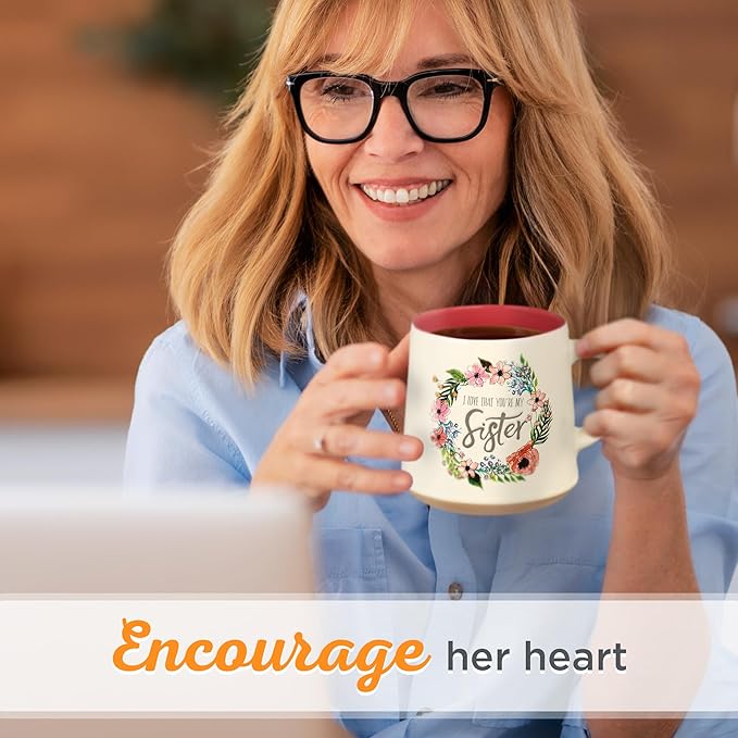 Christian Art Gifts Floral Pink Ceramic Coffee Mug – 14 oz. Microwave and Dishwasher-Safe Inspirational Scripture Coffee and Tea Mug for Women with Bible Verse: Love That You're My Sister –Eccles. 4:9