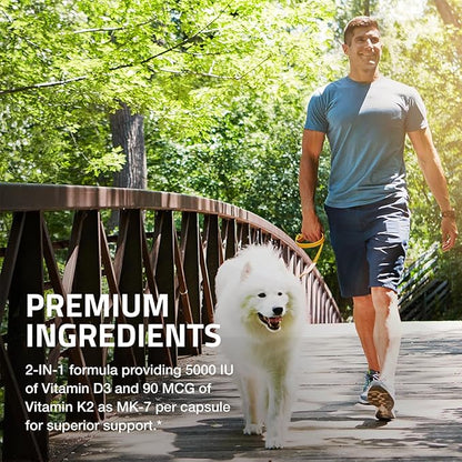 Bronson Vitamin K2 (MK7) with D3 Supplement Non-GMO Formula 5000 IU Vitamin D3 & 90 mcg K2 MK-7 Easy to Swallow D & K Complex, 360 Capsules