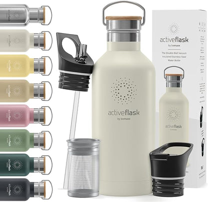 Stainless Steel Water Bottle with Straw, Infuser & 3 Lids: 18/32 OZ Leak-Proof Vacuum Insulated ACTIVE FLASK Drinking Bottles Hot Cold: Double Walled Outdoor Drink Thermo Mug Tea Coffee Sport Gym Bike