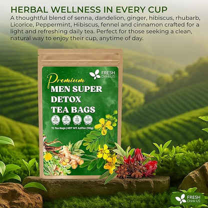 FreshDrinkUS, Premium 75 Tea Bags Men Super Detox Tea – Herbal Blend with Senna, Dandelion Root, Ginger, Peppermint & More – 100% Natural, Sugar-Free. Caffeine-Free. Gluten-Free. Vegan