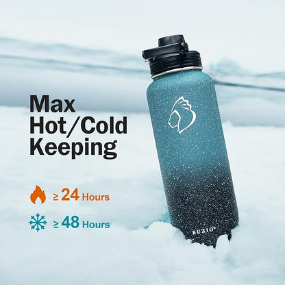BUZIO 40 oz Water Bottle Insulated with Straw & 3 lid and Carrying Pouch, Leak Proof Anti-Slip Stainless Steel Water Flask Jug, Cold for 48 Hrs Double Vacuum Thermo Canteen, BPA-Free, Starry Indigo