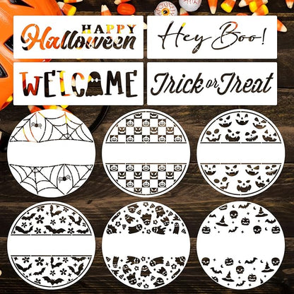 Halloween Stencils for Painting 12inch Large Reusable Halloween Stencil for Door Hanger Round Skeleton Ghost Boo Templates for Wood Walls Windows Door Mat Fabric