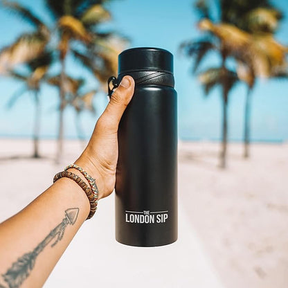 London Sip 25 oz Multi-Function Travel Mug and Tumbler Tea Infuser Water Bottle Fruit Infuser Flask Hot and Cold Double Wall Stainless Steel Coffee Thermos, Zen Black