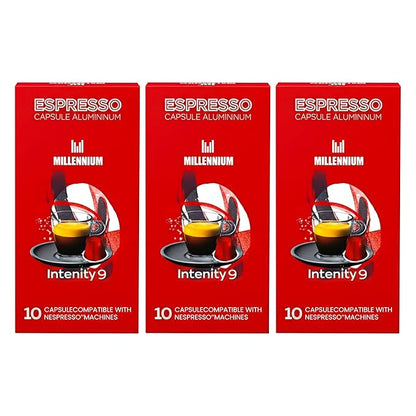 Prince Caffe Espresso Pods –Millennium Intensity 9, Medium-Dark Roast, The Espresso Coffee Pods Are Compatible with Nespresso Original Line Machines, 30 Count (3 x 10 Capsules) Premium Quality Coffee Capsules.