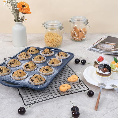 2 pack Silicone Muffin Pan with Metal Frame, Non Stick Silicone Cupcake Pan with Handles Regular 12 Cup, BPA Free Silicon Muffin Tin Tray for baking, egg bites, Cupcake Mold Grey