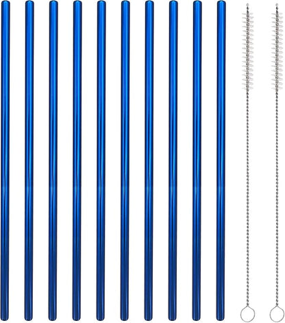 10 Pcs Stainless Steel Straws, Reusable Drinking Straws, Straight Metal Straw Sets with 2 Pcs Cleaning Brushes (10.5 Inch, Blue)