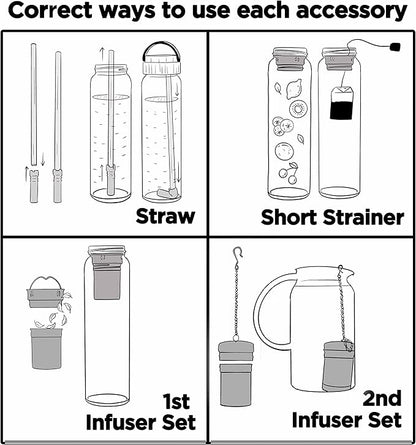 32oz Borosilicate Glass Water Bottle with Bamboo Lid and 2 Tea Infuser Sets for Fruit Infused Water and Cold Brew Coffee - Tea Strainer for Loose Leaf Tea (Flower)