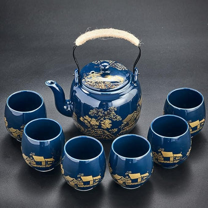 Japanese Tea Set, Black Glazed Tea Set in Gift Box With 1 Teapot, 1 Tea Strainer, 1 Tea Tray and 6 Tea Cups. Ideal Tea Set for Office Home, Asian Tea Sets for Tea Lovers(Country Blue)