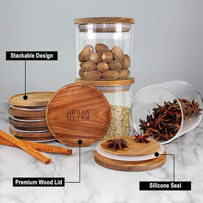 Urban Green Glass Jars with Airtight Lids, Airtight Canisters with Wood Lids, Glass Storage Containers with Bamboo Lid, Food Storage Containers Set (6 Pack of 27oz)