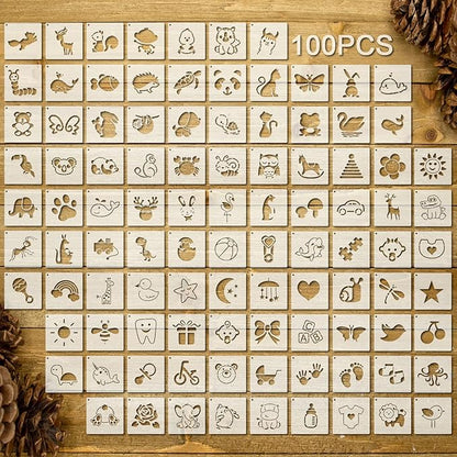 100 Pcs Stencils for Painting on Wood Reusable Stencil Crafts Drawing Templates Holiday Wall Paper for DIY Scrapbook Home 2 x 2 Inch(Cute Baby Animal Style)