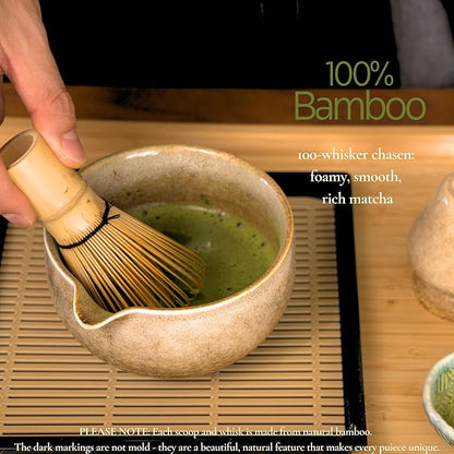 Matcha Whisk Set, Matcha Set, Handcrafted Bamboo Chasen & Ceramic Bowl Matcha Kit, 5 Pcs Matcha Set Whisk and Bowl with Stainless Steel Sifter, Bamboo Scoop & Holder for Matcha Tea Ceremony,Taupe