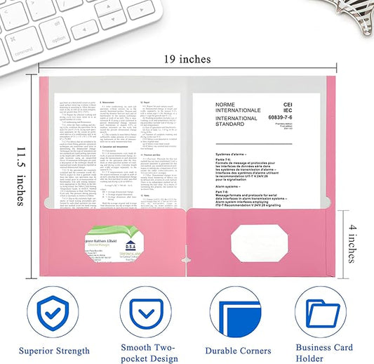 Zzrywuty File Folders with Pockets Letter Size, 50-Pack Paper Folders with Card Slot, Two Pocket Folders for School Students, Businessmen, Home and Office Workers（Pink）