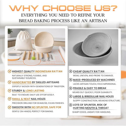 Banneton Bread Proofing Basket Set, 9" Round & 10" Oval Bread Baskets with Liners, Sourdough Starter Kit, Bread Making Tools, Natural Rattan Proofing Bowls for Home Bakers