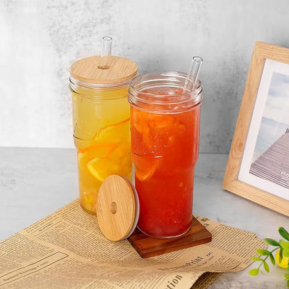 ANOTION Glass Cups with Lids and Straws, 24 oz Travel Coffee Mug Wide Mouth Mason Jar Iced Coffee Cup Smoothie Cup Glass Tumbler Tea Cup Clear Cups Cute Water Cups Drinking Glasses 3 Packs