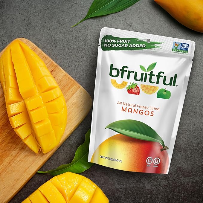 bfruitful Freeze-Dried Mango, Freeze Dried Fresh Fruit Bites, Gluten Free, Vegan, Dairy Free, Kosher, No Sugar Added, Non GMO, Healthy Snacks for Kids or Adults, 0.56 oz Single-Serve Snack Packets, 12 Pack