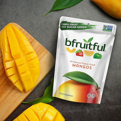 bfruitful Freeze-Dried Mango, Freeze Dried Fresh Fruit Bites, Gluten Free, Vegan, Dairy Free, Kosher, No Sugar Added, Non GMO, Healthy Snacks for Kids or Adults, 0.56 oz Single-Serve Snack Packets, 12 Pack