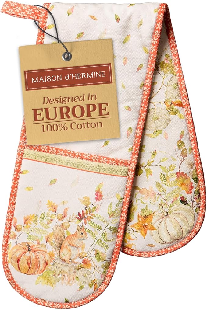 Maison d' Hermine Double Oven Mitts 100% Cotton 7"x35" Double Oven Mitt Heat Resistant BBQ Cooking Gloves with Loop, Baking, Grilling, Home, Kitchen, Handling Hot Pans (Pumpkin Passion)