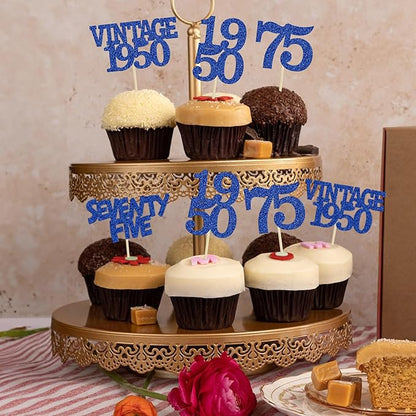 Gyufise 24Pcs Vintage 1950 Cupcake Toppers Glitter Cheers to 75 Fabulous Seventy Five Cupcake Picks 75th Birthday Wedding Anniversary Party Cake Decorations Supplies Deep Blue