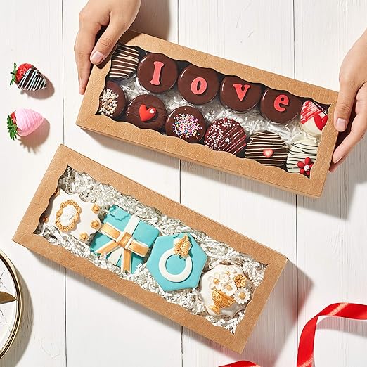 50PCS 12 x 5 x 1.5 inches Auto-Popup One Piece Premium Cookies Boxes, Macaron Boxes for 12, Kraft Brown Bakery Box for Holiday Cookie Gift Sets
