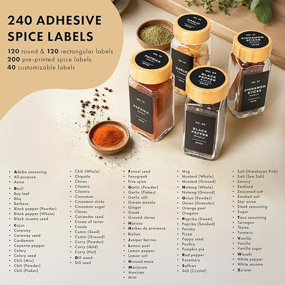 EDELHAUS® Square Spice Jars with Bamboo Wooden Lid (Pack of 24) Spice Jars with Shaker Insert and 240 Labels - Bamboo Lid Glass Container for Spice Organisation [4.3 in × 1.8 in]