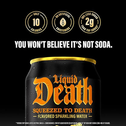 Liquid Death, Squeezed to Death, Orange-Flavored Sparkling Water, 12-Pack (12oz Cans), Low Sugar, Huge Flavor & No Artificial Sweeteners