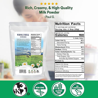 Z Natural Foods Premium Whole Milk Powder - Powdered Milk for Baking, Cooking, Drinks - Dry Milk Powder, Pasteurized, Non-GMO, Gluten-Free, Kosher-Certified, 1 lb