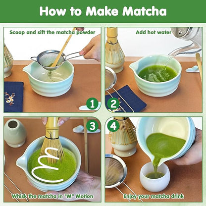 Matcha Whisk Set, 7 Pcs Ceramic Matcha Kit, Matcha Bowl with Spout, Matcha Whisk, Holder, Stainless Sifter, Bamboo Scoop and Tea Towel, Matcha Gift Set for Matcha Tea Lovers