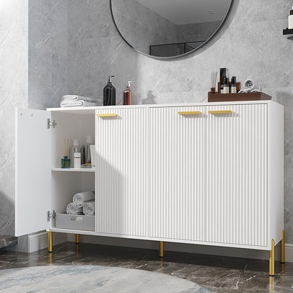 White Fluted Sideboard Cabinet - Luxury Buffet Table with 4 Doors, Large Coffee Bar Station for Living Room, Kitchen, Hallway, Entryway Storage