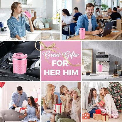 Volhoply 13 oz Stainless Steel Insulated Travel Coffee Mug with Fip Lid Bulk 4 Pack,Reusable Double Wall Vacuum Metal Coffee Cup,Portable Leak Proof Thermal Tumbler for Hot & Cold Drinks(Pink,4)