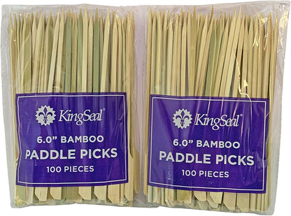 200 Count | KingSeal Natural Green Bamboo Wood Paddle Picks, Skewers for Appetizers and Cocktails, 6.0 Inches - 2 Packs of 100