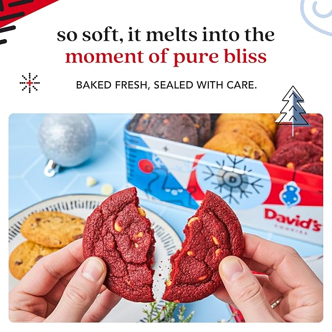 David's Cookies Christmas Cookies Gift Box 24 Pack, Fresh Baked Assorted Mini Cookies in Winterwonderland Tin with Chocolate Chip, White Chocolate Chip & Red Velvet - Gourmet Holiday Food Gift Basket