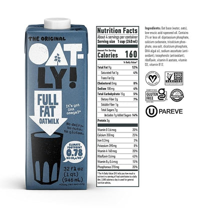 Oatly Full Fat Oatmilk – Creamy, Plant-Based Whole Milk Alternative | Dairy-Free, Vegan, Shelf-Stable, Non-GMO & Glyphosate Residue-Free | Only 1g Saturated Fat (32 oz, 6-Pack)