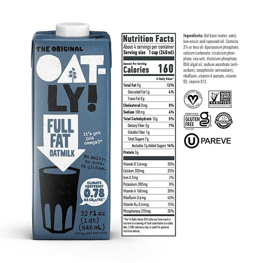 Oatly Full Fat Oatmilk – Creamy, Plant-Based Whole Milk Alternative | Dairy-Free, Vegan, Shelf-Stable, Non-GMO & Glyphosate Residue-Free | Only 1g Saturated Fat (32 oz, 6-Pack)