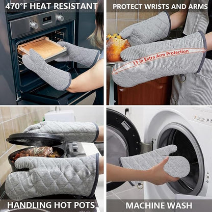 1 Pair Yarn Dyed Oven Mitts 100% Cotton Heat Resistant 470 Degree Gloves Men Women Cooking Baking Barbecue BBQ Microwave Crafting Machine Washable Pot Holders Mittens (Grey)