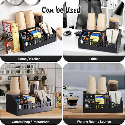 Coffee Bar Organizer for Countertop – Wooden Coffee and Tea Station Caddy with Tray for Pods, Cups, Condiments, and Accessories – Kitchen or Office Counter Storage (Medium Size -Black)