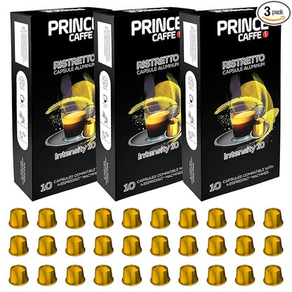 Prince Caffe Espresso Pods – Ristretto Intensity 10, Dark Roast, The Espresso Coffee Pods Are Compatible with Nespresso Original Line Machines, 30 Count (3 x 10 Capsules) Premium Quality Coffee Capsules.