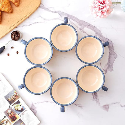 Set of 6 Cups Vintage Design 12 oz Professional Barista Ceramic Latte Art Cappuccino Cups Set (Beige * 6)