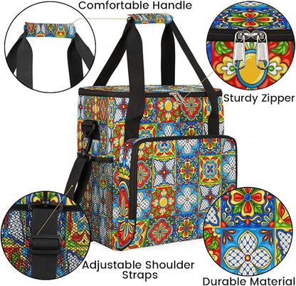 Ethnic Mexican Colorful Flowers Plaid Coffee Maker Carrying Bag, Coffee Machine Travel Storage Tote Bag Compatible with K-Mini or K-Mini Plus, Portable Single Serve Coffee Brewer Case with Pockets