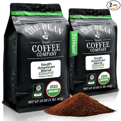 The Bean Organic Coffee Company South America, Medium Roast, Ground Coffee, 16-Ounce Bags (Pack of 2),Café molido tostado organico