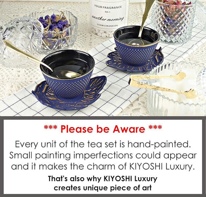 7PC Japanese Tea Set."Midnight Blue Koi" Cast Iron Tea Pot with 2 Tea Cups, 2 Saucers, Tea Infuser and Teapot Trivet. Ceremonial Matcha Accessories