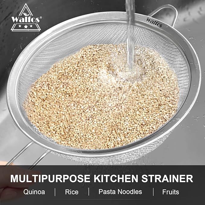 Walfos 7 Inch Fine Mesh Strainers, Premium Stainless Steel Colanders and Sifters, with Reinforced Frame and Sturdy Handle, Perfect for Sift, Strain, Drain and Rinse Vegetables, Pastas and Tea