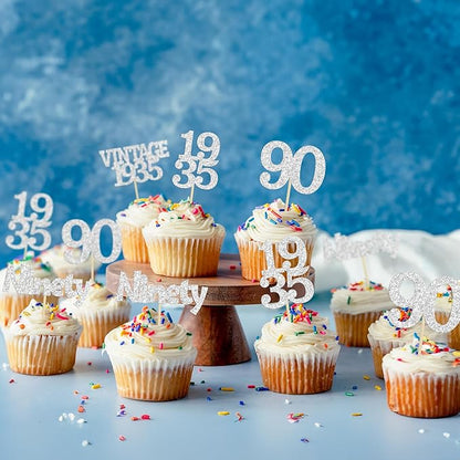 Gyufise 24Pcs 90th Birthday Cupcake Toppers Glitter Cheers to 90 Fabulous Ninety Vintage 1935 Cupcake Picks 90th Birthday Wedding Anniversary Party Cake Decorations Supplies Silver